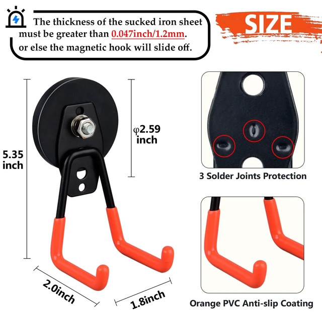 Alt view image 9 of 14 - Heavy Duty Magnetic Garage Hooks,6 Pack Strong Large Magnet Hooks for Power Drill,Garden Tools,Hose,Pegboard,Garage, Workshop,Magnetic Storage Hook for Indoor Outdoor Hanging(Orange)