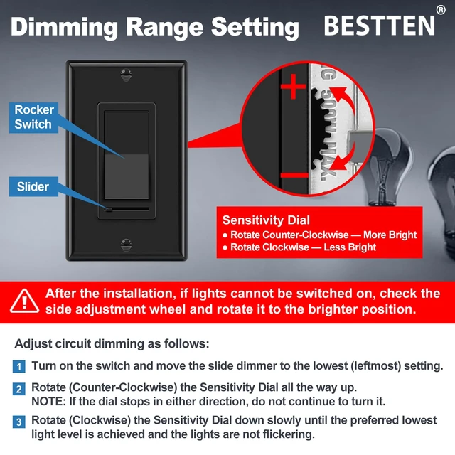 Alt view image 11 of 12 - 6PK Dimmer Wall Light Switch, Single Pole or 3-Way Dimmer Switches UL Listed, Compatible with Dimmable LED, CFL, Incandescent and Halogen Bulb, 120VAC, Decorator Wall Plate Included, Black