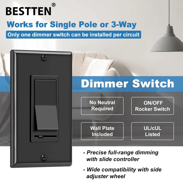 Alt view image 9 of 12 - 6PK Dimmer Wall Light Switch, Single Pole or 3-Way Dimmer Switches UL Listed, Compatible with Dimmable LED, CFL, Incandescent and Halogen Bulb, 120VAC, Decorator Wall Plate Included, Black