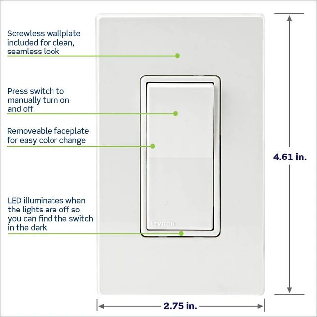 Alt view image 12 of 14 - Decora Smart Switch, Wi-Fi 2nd Gen, Neutral Wire Required, Works with Matter, My, Alexa, Google Assistant, Apple Home/Siri & Wired or Wire-Free 3-Way, D215S-1RW, White