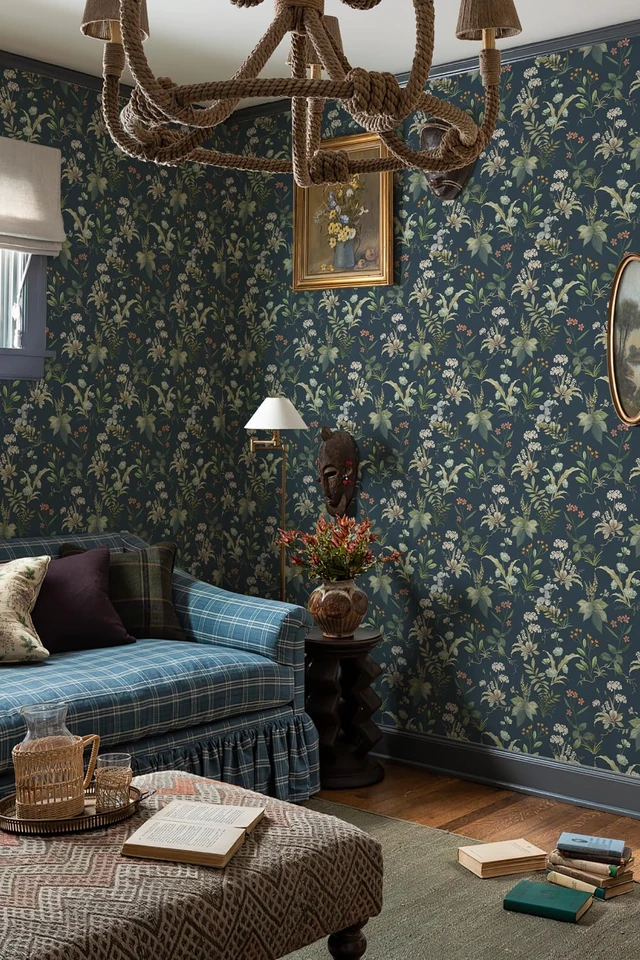 Alt view image 14 of 14 - Vintage Floral Peel and Stick Wallpaper 480" x 17.3" Blue Botanical Contact Paper, Self Adhesive Removable Waterproof Wall Paper, Renter Friendly, Bedroom Cabinets DIY Decor