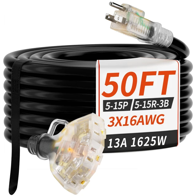 Alt view image 8 of 14 - 50 FT 16/3 Outdoor Extension Cord with Multiple Outlets Black Flexible 3 Outlet Waterproof Extension Cord, 13A 1625W 16AWG SJTW, ETL Listed, Indicator & Hook, Garden/Workshop/Outdoor