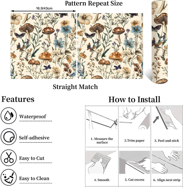 Alt view image 12 of 14 - Mushroom Wallpaper Peel and Stick Vintage Floral 16.9" x 393.7" Boho Floral Contact Paper Peel and Stick Mushroom Forest Self Adhesive Removable Wall Paper for Bathroom Cabinets Liner Vinyl