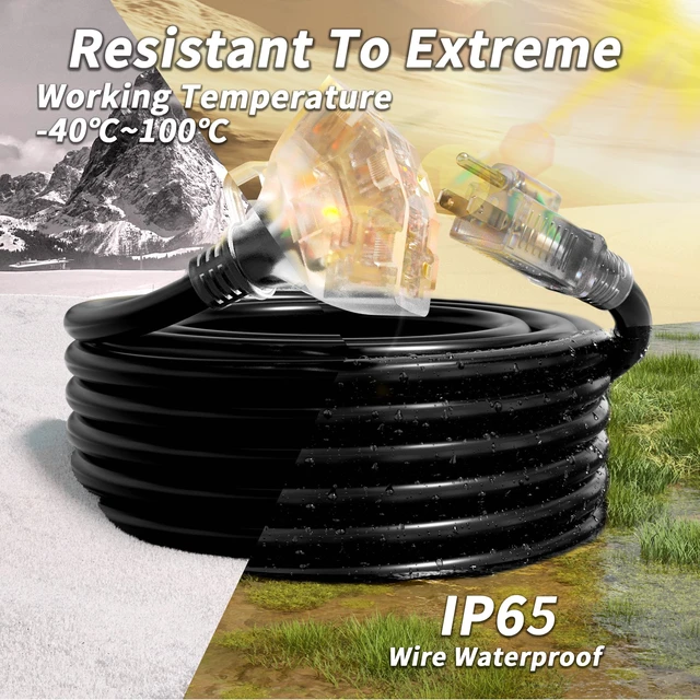 Alt view image 12 of 14 - 50 FT 16/3 Outdoor Extension Cord with Multiple Outlets Black Flexible 3 Outlet Waterproof Extension Cord, 13A 1625W 16AWG SJTW, ETL Listed, Indicator & Hook, Garden/Workshop/Outdoor