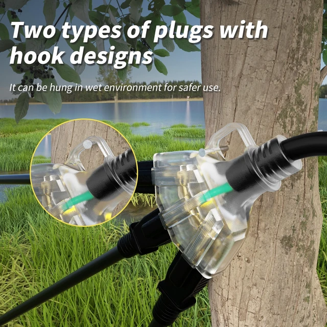 Alt view image 11 of 14 - 50 FT 16/3 Outdoor Extension Cord with Multiple Outlets Black Flexible 3 Outlet Waterproof Extension Cord, 13A 1625W 16AWG SJTW, ETL Listed, Indicator & Hook, Garden/Workshop/Outdoor