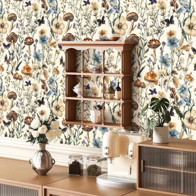 Alt view image 14 of 14 - Mushroom Wallpaper Peel and Stick Vintage Floral 16.9" x 393.7" Boho Floral Contact Paper Peel and Stick Mushroom Forest Self Adhesive Removable Wall Paper for Bathroom Cabinets Liner Vinyl