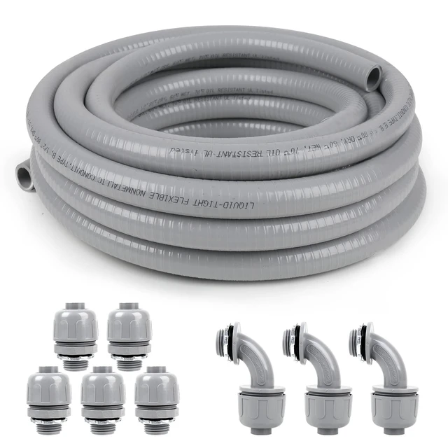 Alt view image 8 of 14 - 1 inch 25ft Liquid-Tight Conduit and Connector Kit,Flexible Non-Metallic Liquid Tight Electrical Conduit Kit with 5 Straight and 3 90-Degree Connector Fittings,1in. Dia