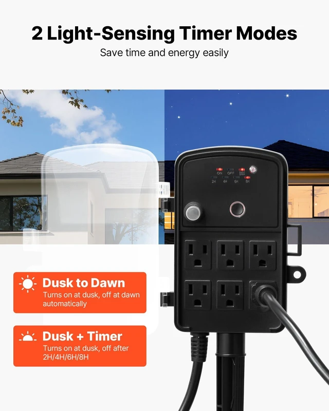 Alt view image 10 of 14 - Outdoor Power Stake Timer, 25FT Extension Cord, Remote Control Outdoor Power Strip with Cover, Dusk to Dawn Light Timer Waterproof, 6 Outlets for Halloween Christmas Lights, Garden Decorations