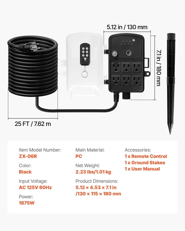 Alt view image 14 of 14 - Outdoor Power Stake Timer, 25FT Extension Cord, Remote Control Outdoor Power Strip with Cover, Dusk to Dawn Light Timer Waterproof, 6 Outlets for Halloween Christmas Lights, Garden Decorations