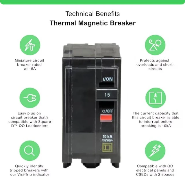 Alt view image 10 of 14 - Genuine Square D QO215 15 Amp Double Pole Circuit Breaker Kit UL Listed, Plug-On Replacement for QO Load Center Panel Box, 15A, 120/240V, 10kAIC, 15Amp, 2 Pole QO Circuit Breaker, 1 Pack