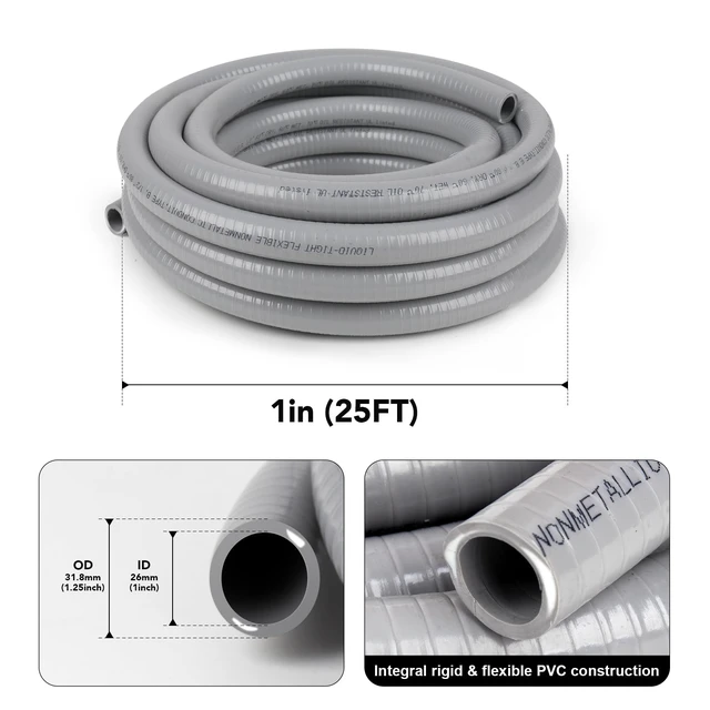 Alt view image 9 of 14 - 1 inch 25ft Liquid-Tight Conduit and Connector Kit,Flexible Non-Metallic Liquid Tight Electrical Conduit Kit with 5 Straight and 3 90-Degree Connector Fittings,1in. Dia