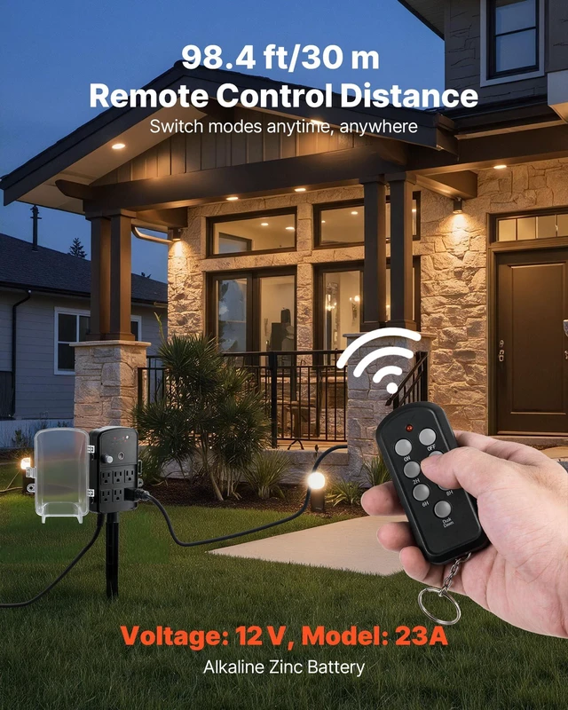 Alt view image 11 of 14 - Outdoor Power Stake Timer, 25FT Extension Cord, Remote Control Outdoor Power Strip with Cover, Dusk to Dawn Light Timer Waterproof, 6 Outlets for Halloween Christmas Lights, Garden Decorations