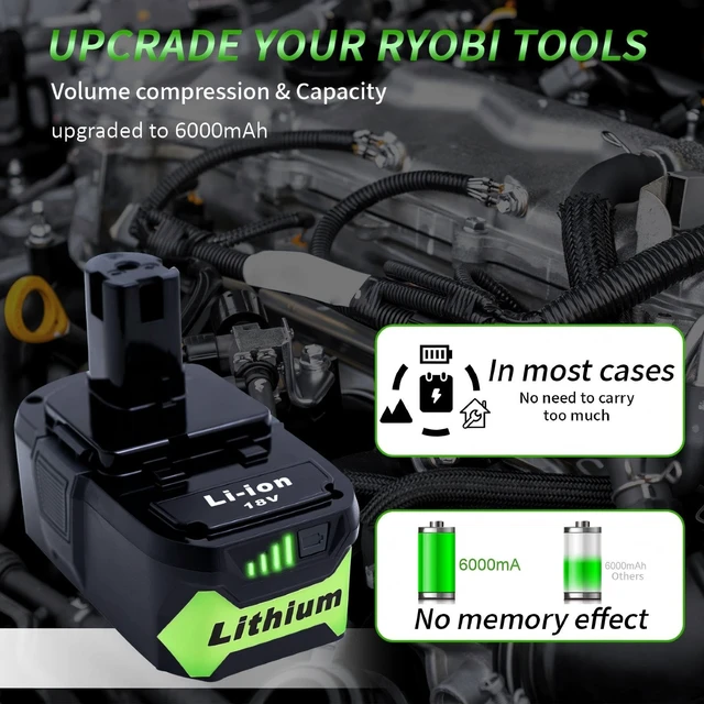 Alt view image 9 of 14 - 2 Packs 6.0Ah 18V Battery Replacement for Ryobi 18V Lithium-Ion Battery, Compatible with Ryobi 18 Volt Batteries Cordless Power Tools