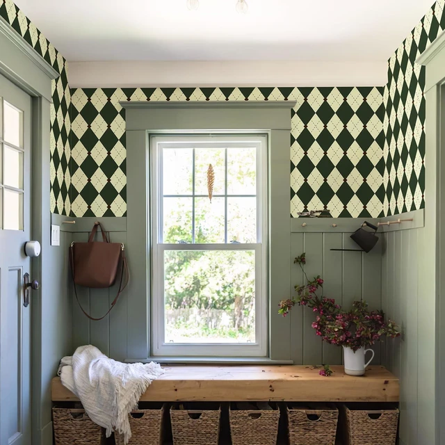 Alt view image 11 of 14 - Retro Peel and Stick Wallpaper Black and Green Wallpaper Vintage Plaid British Geometric Wall Paper for Bathroom Kitchen Cabinet Contact Paper 17.3"x480"