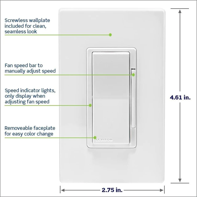 Alt view image 12 of 14 - Decora Smart Fan Speed Controller, Wi-Fi 2nd Gen, Neutral Wire Required, Works with My, Alexa, Google Assistant, Apple Home/Siri & Wired or Wire-Free 3-Way, D24SF-1RW, White