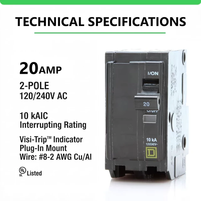 Alt view image 9 of 14 - Genuine Square D QO220 20 Amp Double Pole Circuit Breaker Kit UL Listed, Plug-On Replacement for QO Load Center Panel Box, 20A, 120/240V, 10kAIC, 20Amp, 2 Pole QO Circuit Breaker, 1 Pack