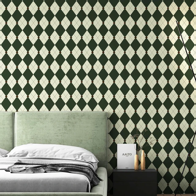 Alt view image 8 of 14 - Retro Peel and Stick Wallpaper Black and Green Wallpaper Vintage Plaid British Geometric Wall Paper for Bathroom Kitchen Cabinet Contact Paper 17.3"x480"
