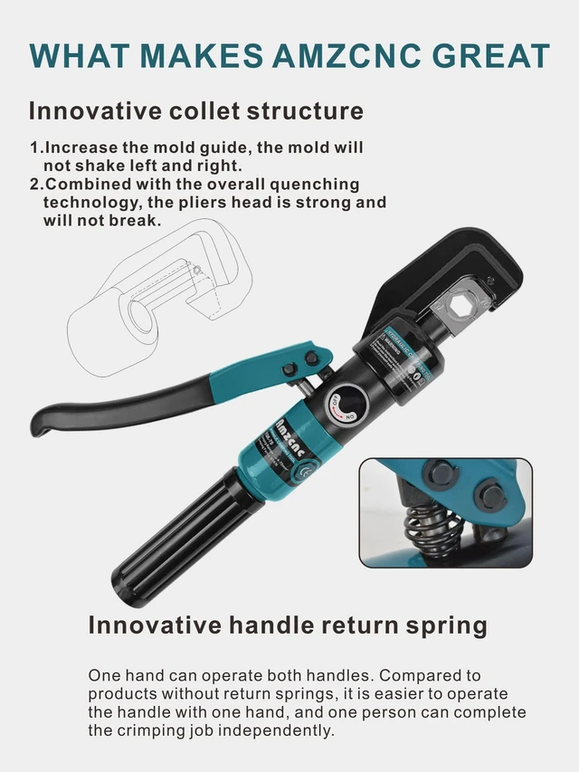Alt view image 13 of 14 - 10 Ton Hydraulic Battery Cable Crimper Single-Hand Return, 9 Hex Dies for 12-2/0 AWG, 180° Rotating Head, Pro Terminal Tool for Car/RV/Marine Power