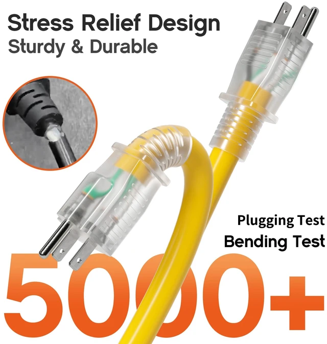 Alt view image 11 of 14 - 25 FT 12 Gauge Heavy Duty Extension Cord with Multiple Outlets 25 Feet 3 Outlet Yellow Extension Cord Heavy Duty, Indicator, Flexible Waterproof SJTW, 15A 1875W, ETL Listed, Home/Garden