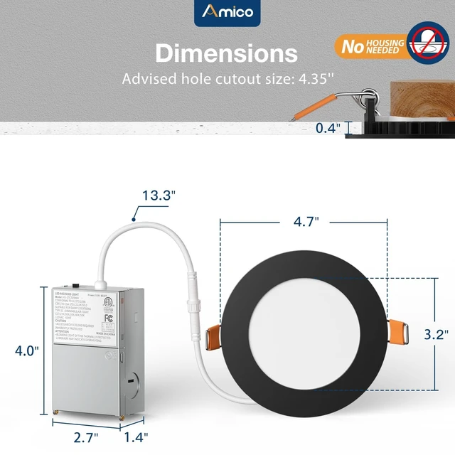 Alt view image 9 of 12 - 4 Pack 4 Inch Black 5CCT Ultra-Thin LED Recessed Ceiling Light 800LM High Brightness, 10W Low Power, 5%-100% Smooth Dimming, Junction Box Included, ETL &FCC Listed, Canless Wafer Downlight
