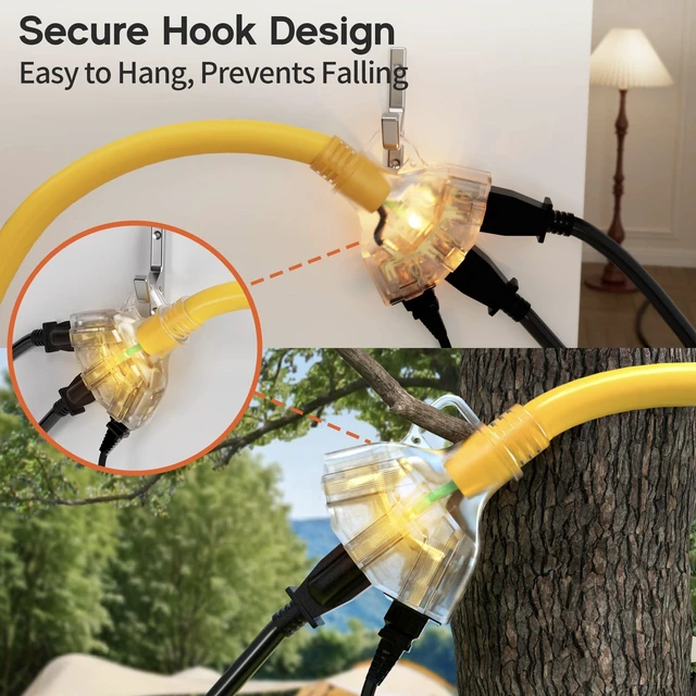Alt view image 12 of 14 - 25 FT 12 Gauge Heavy Duty Extension Cord with Multiple Outlets 25 Feet 3 Outlet Yellow Extension Cord Heavy Duty, Indicator, Flexible Waterproof SJTW, 15A 1875W, ETL Listed, Home/Garden