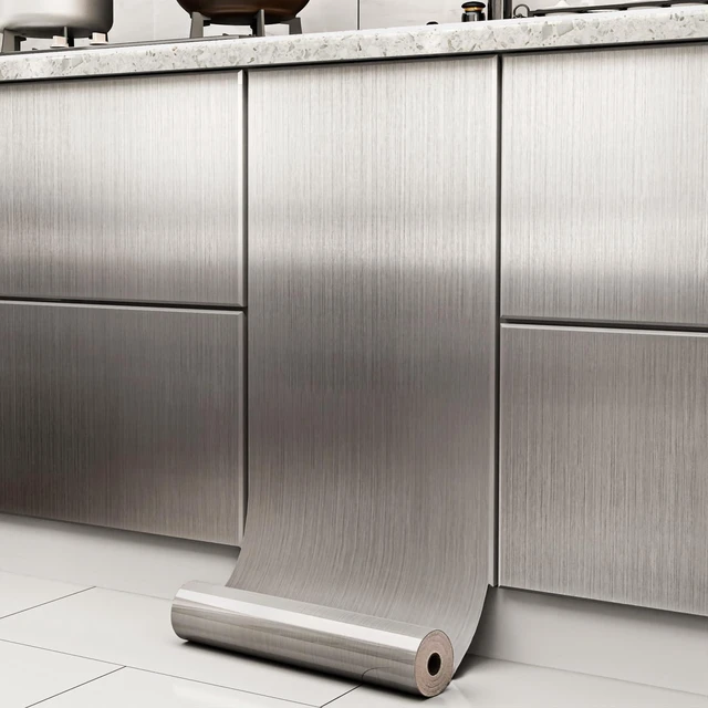 Alt view image 8 of 14 - Stainless Steel Contact Paper Peel and Stick Silver 17.7×512 Stainless Steel Wallpaper for Metallic Chrome Appliances Fridge Vinyl Wrap Self Adhesive Wallpaper Kitchen Dishwasher Cover