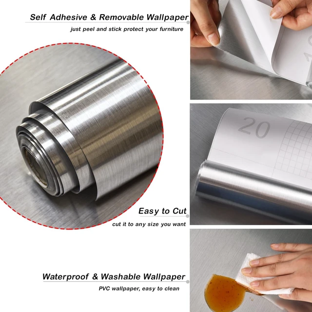 Alt view image 11 of 14 - Stainless Steel Contact Paper Peel and Stick Silver 17.7×512 Stainless Steel Wallpaper for Metallic Chrome Appliances Fridge Vinyl Wrap Self Adhesive Wallpaper Kitchen Dishwasher Cover
