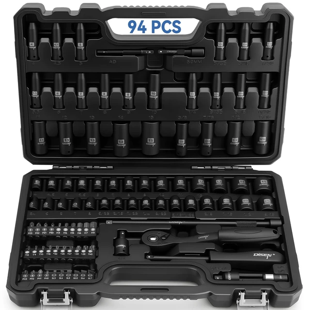 Alt view image 8 of 14 - 94 PCS 1/4" Drive Impact Socket Set Shallow & Deep Socket SAE(5/32"-9/16") & Metric(4-15mm), Torx Screwdriver Bit Set, CRV, Automotive Repair