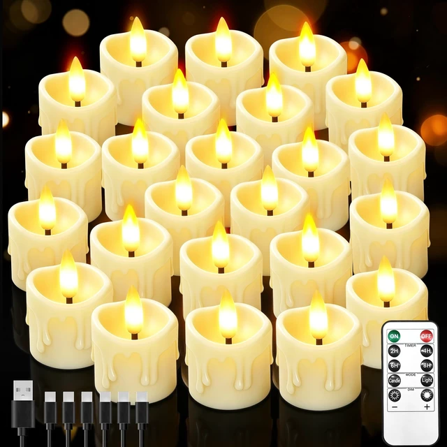 Alt view image 8 of 14 - 24 Pack Small Rechargeable Flameless Candles with Remote Timer 1.5"x2" LED Tea Lights Flickering Mini Candles Battery Operated Votive Fake Candles for Halloween Wedding Party Table Decor