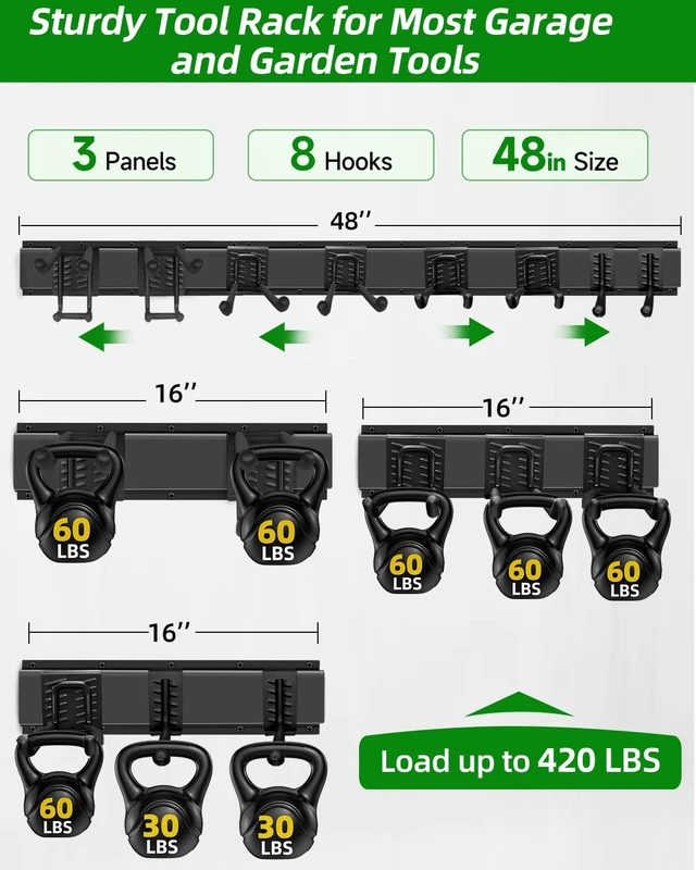 Alt view image 11 of 14 - Garden Tool Organizer 48 inches with 18 Garage Wall Hooks in 9 Types Thick Alloy Steel, Adjustable Hooks, Wear & Tear Resistant, Soft Anti-Scratch Hook Sleeves, For Yard Tools, Shovels, Shed
