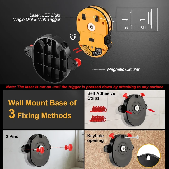Alt view image 8 of 12 - Multi Surface Laser Level LED Light Vial, Cross Line Laser Horizontal & Vertical Lines, Wall Mount, 2 Pins, 10 Sticker, 2 AA Batteries for Hanging Frames & Picture, Wall Marking
