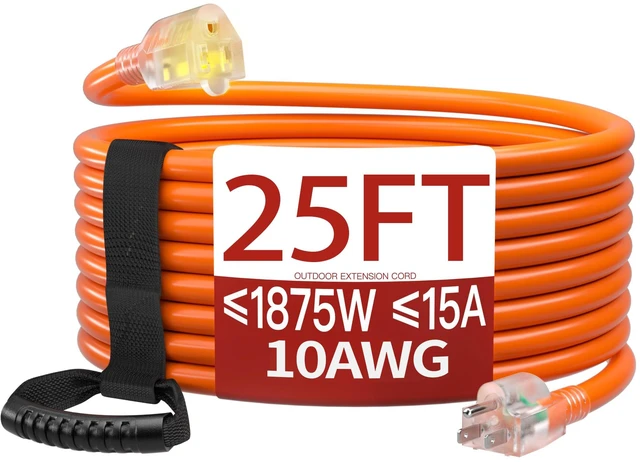 Alt view image 8 of 14 - 25 FT 10 Gauge Extension Cord Outdoor, Orange Power Cord Heavy Duty Extension Cord 25 Foot, Orange Extension Cord with Lighted end, for Lawn & Garden, 15A 1875W 125V, ETL Listed
