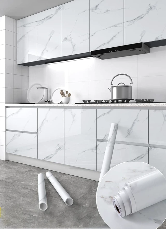 Alt view image 10 of 14 - Marble Contact Paper White Peel and Stick Wallpaper 23.6"×393" Glossy Marble Wallpaper Self Adhesive Removable Wallpapers Waterproof Countertop Paper for Cabinet Furniture Kitchen Vinyl