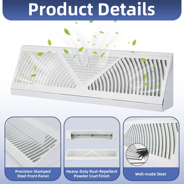 Alt view image 10 of 14 - 4Pack 15 inch Baseboard Register Vent for 15"Duct,Baseboard Diffusers Vent Steel Baseboard Diffuser,3 Way Maximum Air Flow,Smooth Adjust Lever,Wall Corner Base-Board Air Covers,15"Wx4.5"H x 2.75"Deep