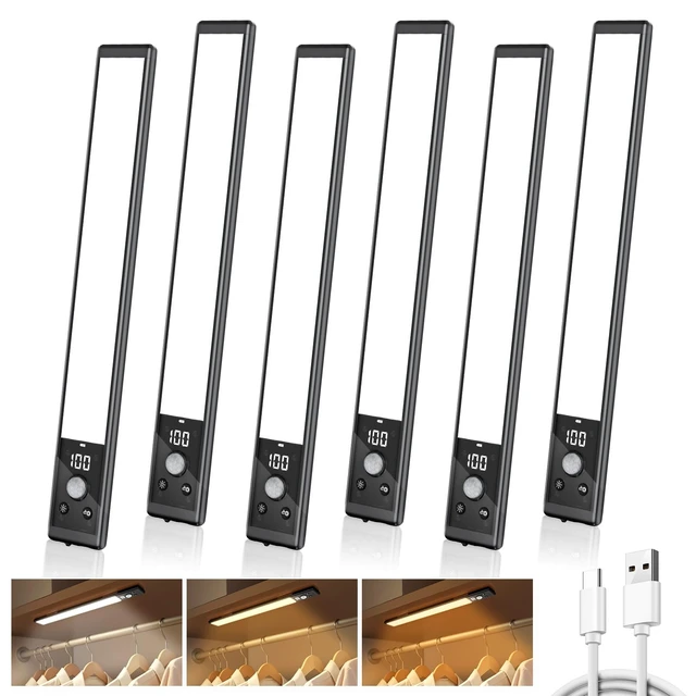 Alt view image 8 of 14 - 6-Pack 10" Wireless Under Cabinet Lights with Digital Display Rechargeable motion sensor lights with magnetic mounting, dimmable 52 LEDs and 3 color modes for kitchen, closet or shelf