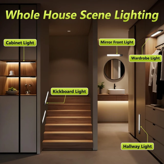 Alt view image 13 of 14 - 6-Pack 10" Wireless Under Cabinet Lights with Digital Display Rechargeable motion sensor lights with magnetic mounting, dimmable 52 LEDs and 3 color modes for kitchen, closet or shelf