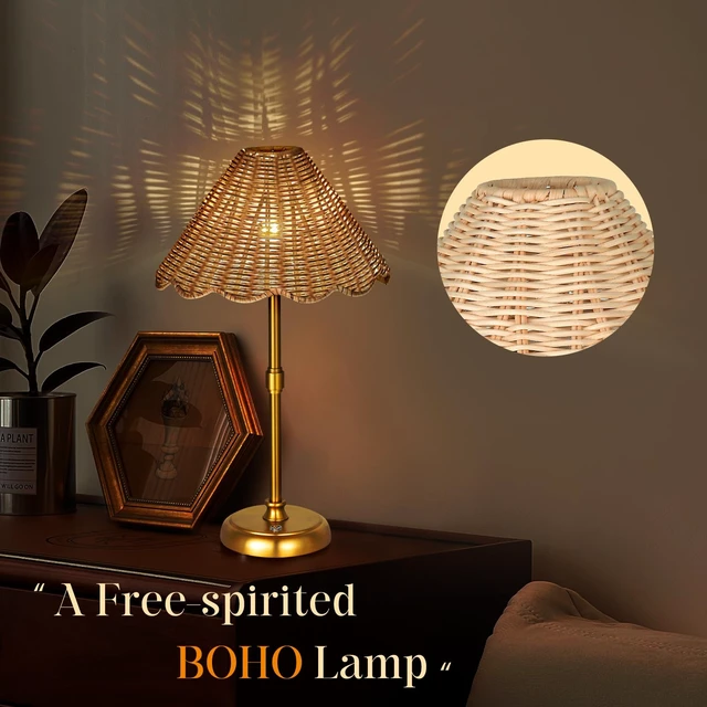 Alt view image 14 of 14 - Cordless Boho Rattan Table lamp, 5200-mAh Rechargeable Battery, 3-level Brightness Dimmable, Build-in Integrated LED 320 Lumen Max, Rattan Shade, for Bedside Restaurant Resort Hotel Dining Table