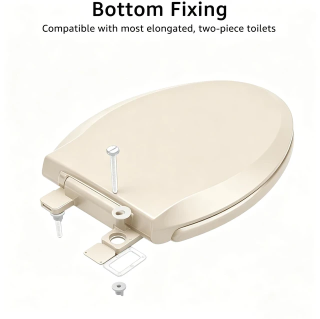 Alt view image 9 of 12 - Toilet Seat Elongated Almond, 18.5 x 14.2 Inch, Slow Close, Bottom-Mount Design, Fits 2-Piece Toilets, Durable & Easy to Install, PP Material Safe and Durable