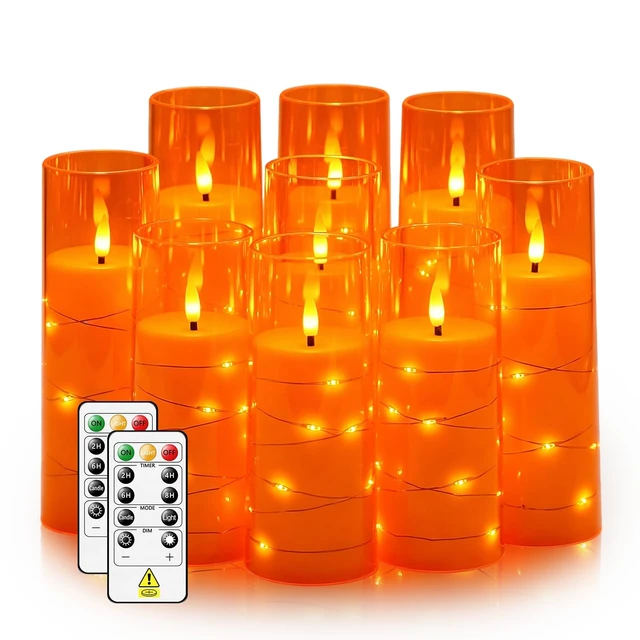 Alt view image 7 of 12 - Flickering Flameless LED Candles,Battery Operated Candles 9 Pcs with Embedded Star String,Acrylic LED Pillar Candles with Remote,Suitable for Home Decoration to Create an Atmosphere (Orange)