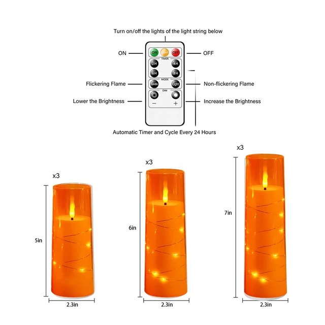 Alt view image 8 of 12 - Flickering Flameless LED Candles,Battery Operated Candles 9 Pcs with Embedded Star String,Acrylic LED Pillar Candles with Remote,Suitable for Home Decoration to Create an Atmosphere (Orange)