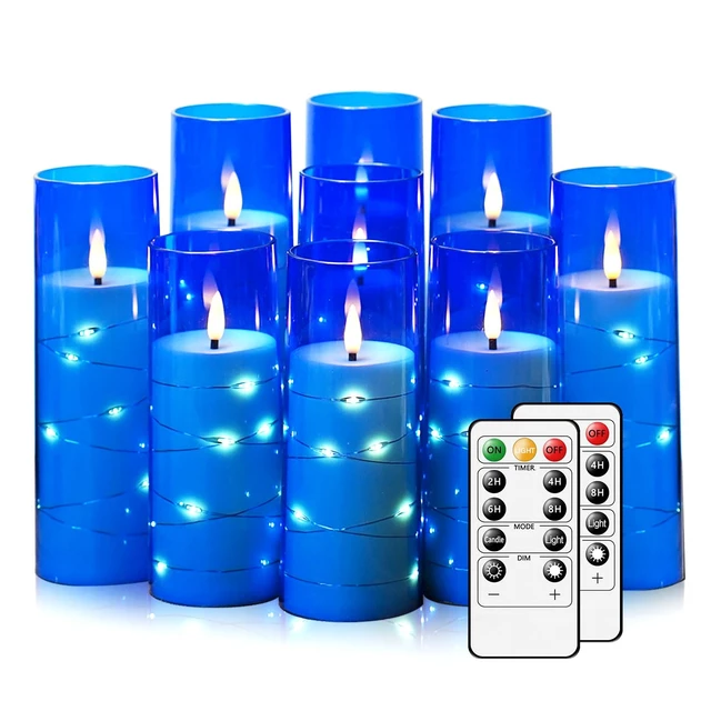 Alt view image 7 of 12 - Flickering Flameless LED Candles,Battery Operated Candles 9 Pcs with Embedded Star String,Acrylic LED Pillar Candles with Remote,Suitable for Home Decoration to Create an Atmosphere (Blue)