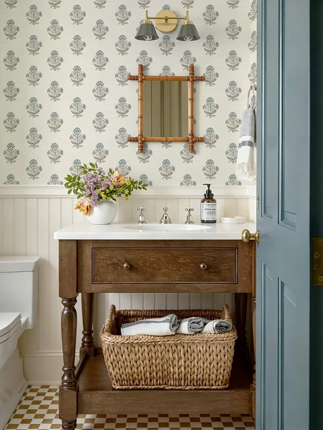 Alt view image 10 of 14 - Blue Floral Wallpaper Cottage Peel and Stick Wallpaper 17.3''x393'' Faux Linen Texture Contact Paper for Cabinets Removable Self-Adhesive Wall Paper for Bedroom Kitchen Renter Friendly Vinyl