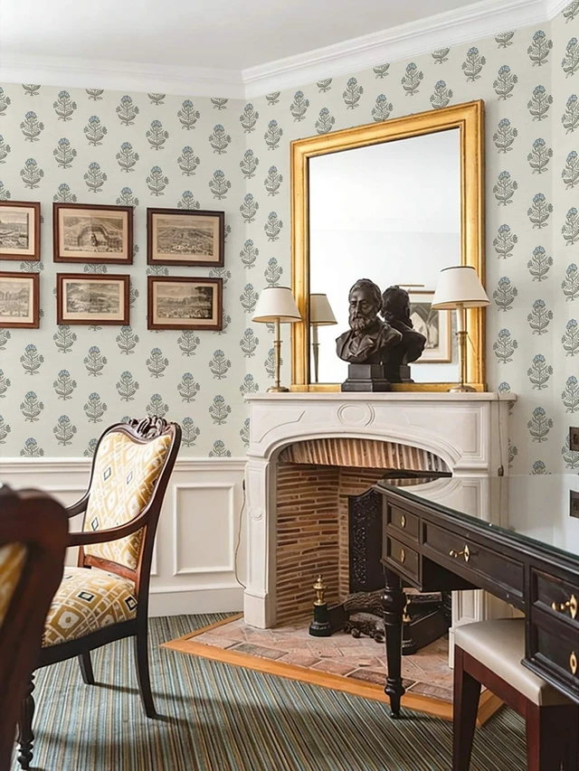 Alt view image 13 of 14 - Blue Floral Wallpaper Cottage Peel and Stick Wallpaper 17.3''x393'' Faux Linen Texture Contact Paper for Cabinets Removable Self-Adhesive Wall Paper for Bedroom Kitchen Renter Friendly Vinyl