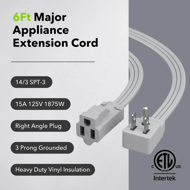Alt view image 10 of 14 - 6ft Air Conditioner Extension Cord, 14 Gauge Heavy Duty Power Cord, Gray, 3 Prong Grounded Flat Plug, 15 Amps, for Indoor Air Conditioner, Refrigerator and All Major Appliances (Pack of 2)