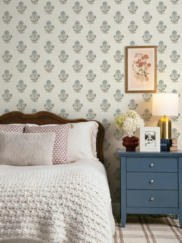 Alt view image 14 of 14 - Blue Floral Wallpaper Cottage Peel and Stick Wallpaper 17.3''x393'' Faux Linen Texture Contact Paper for Cabinets Removable Self-Adhesive Wall Paper for Bedroom Kitchen Renter Friendly Vinyl