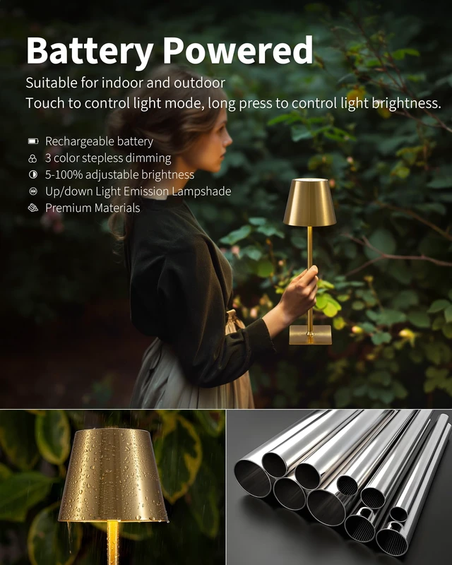 Alt view image 11 of 14 - 2 Pack Cordless Gold Table Lamps, Rechargeable Portable LED Desk Lamps 4000mAh Battery Operated 3 Color Stepless Dimming Up for Restaurant, Bedroom, Outdoor Party, Camping, Coffee Shop, Nightlight