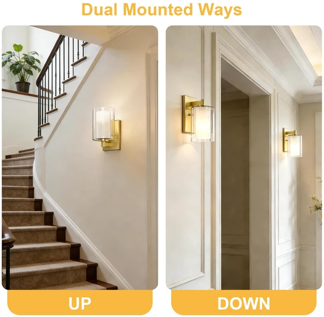 Alt view image 13 of 14 - Wall Sconces Set of Two, Modern Gold Vanity Wall Lights Double Clear Glass Shades With E26 Base, Farmhouse Wall Lights For Bathroom, Bedroom, Living Room, Mirror And Hallway