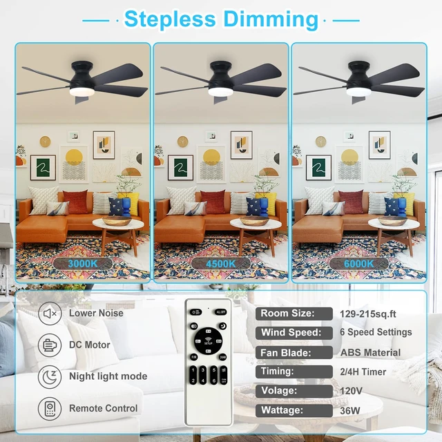Alt view image 11 of 14 - Modern Ceiling Fan with Light: 42-Inch Black Small Fans for Bedroom Indoor Outdoor - Dimmable Low Profile Ceiling Fans with Remote Control Flush Mount 5 Reversible Black Blades 6 Speeds Timer