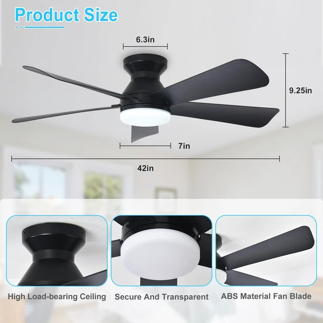 Alt view image 9 of 14 - Modern Ceiling Fan with Light: 42-Inch Black Small Fans for Bedroom Indoor Outdoor - Dimmable Low Profile Ceiling Fans with Remote Control Flush Mount 5 Reversible Black Blades 6 Speeds Timer