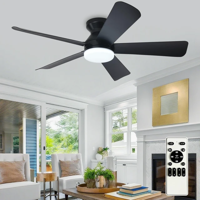 Alt view image 8 of 14 - Modern Ceiling Fan with Light: 42-Inch Black Small Fans for Bedroom Indoor Outdoor - Dimmable Low Profile Ceiling Fans with Remote Control Flush Mount 5 Reversible Black Blades 6 Speeds Timer